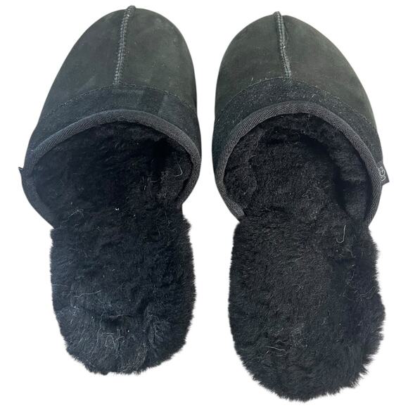 Ugg black shearling fur & suede slipper slides men's size 9 - Picture 3 of 4